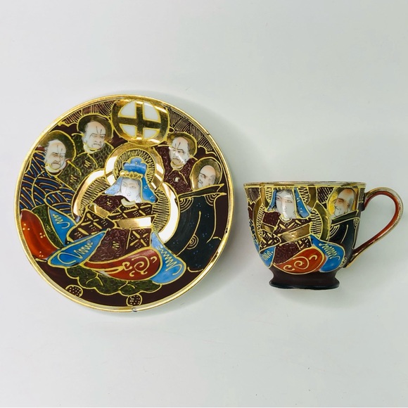 Vintage Tea set China Cup & Saucer Japan 4 Men a Woman Satsuma Moriage Gold Trim - Picture 1 of 8
